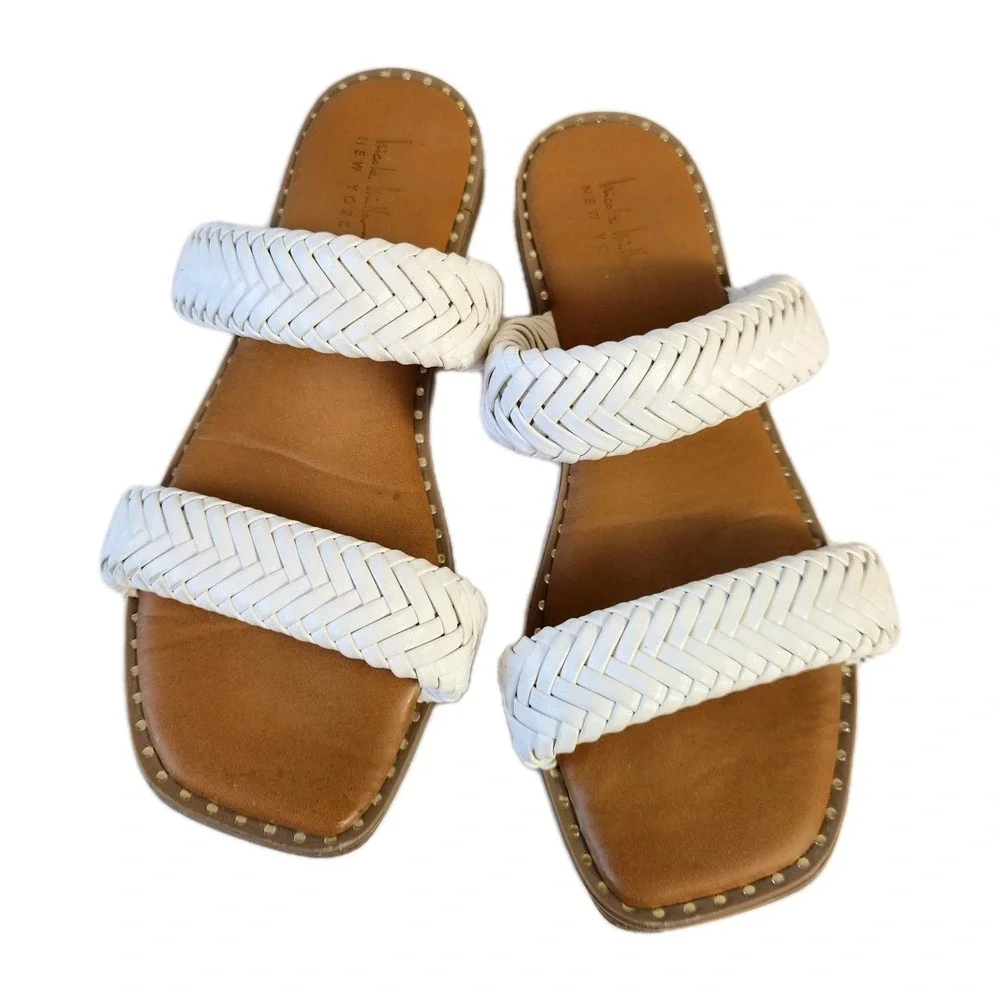 Nicole Miller Oby Double Braided Flat Sandals Womens Size 8.5 White Dress Slides